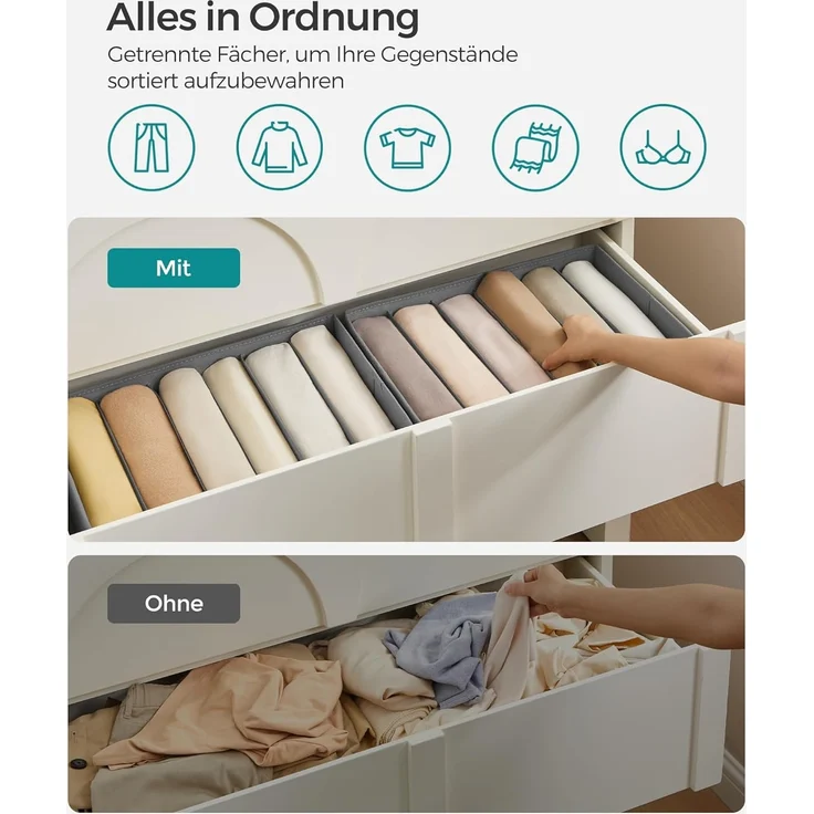 SONGMICS Kleiderschrank-Organizer 4er Set, Aufbewahrungsbox 6 Fächer, Schubladen-Ordnungssystem, Ordnungsboxen faltbar, 42 x 30 x 17 cm, für Hosen, Kleidung, taubengrau RUSDE009G04 – Bild 3