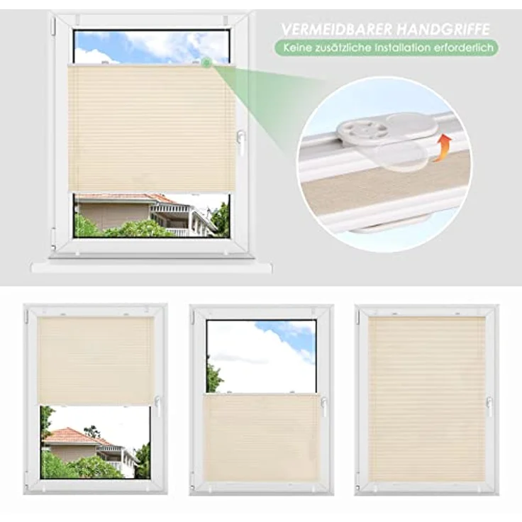 bobodeco Plissee ohne Bohren Klemmfix Faltrollo Jalousie Creme 100x130 cm (BxH), Plisseerollo Sichtschutz und Sonnenschutz Blickdicht Easyfix lichtdurchlässig Rollo für Fenster & Tür – Bild 6