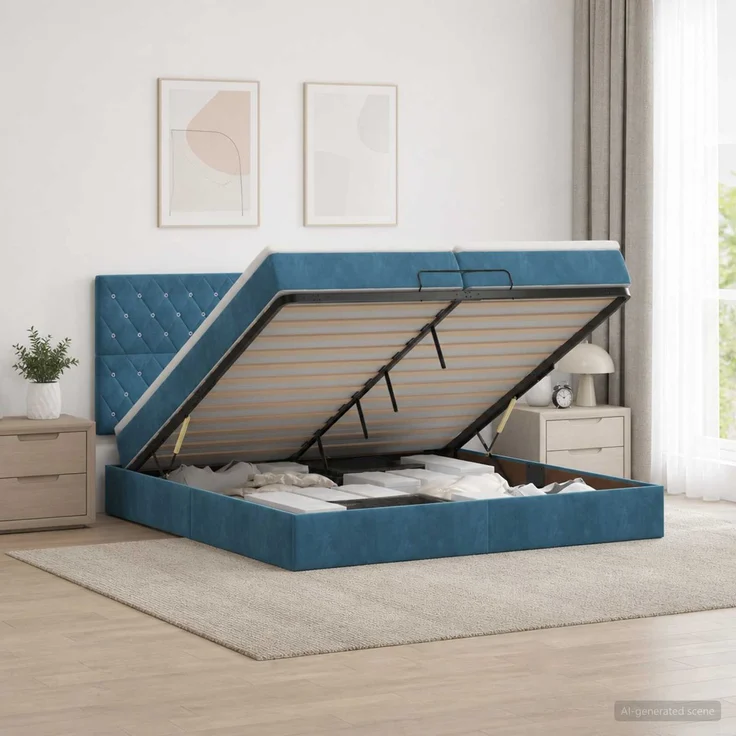 vidaXL Ottoman Bett mit Matratze Dunkelblau 200 x 200 cm Samt 3457675 – Bild 1