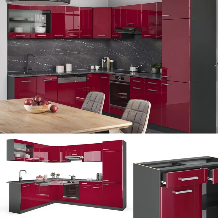 Eckküche R-Line Rot Hochglanz/Anthrazit 287 x 227 cm, AP Marmor Vicco – Bild 2