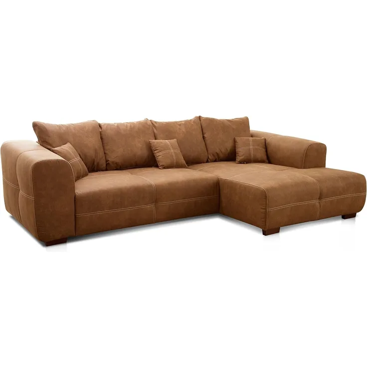 Cavadore Ecksofa Mavericco / XXL Eckcouch Inkl. Rückenkissen und Zierkissen / Longchair rechts / Industrial Style / 285 x 69 x 170 (BxHxT) / Mikrofaser Cognac