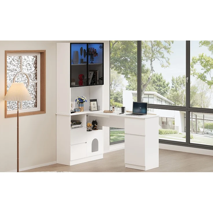 Eckschreibtisch mit Regal und LED-Vitrinenschrank 120×80×180 cm – Schreibtisch mit Kabeldurchlass, 3 Schubladen, 2 Türen, offenen Fächern & Haustierfach,Ein Eckschreibtisch mit eingebautem Bücherregal – Bild 8