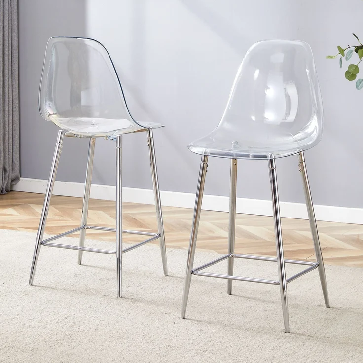 Transparente Barhocker Set, 2er Pack, mit Metallgestell in Silber/Gold/Schwarz, Moderne Design-Stühle für Küche, Bar oder Esszimmer (Nur Stühle, ohne Tisch)--Silber--51x45x102cm--YOUDENOVA – Bild 2