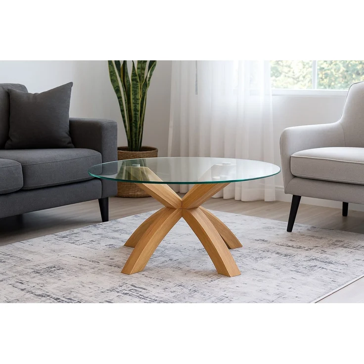 Design-Couchtisch Eiche massiv & Klarglas – rund Ø80 cm – zeitlos & modern – Bild 4