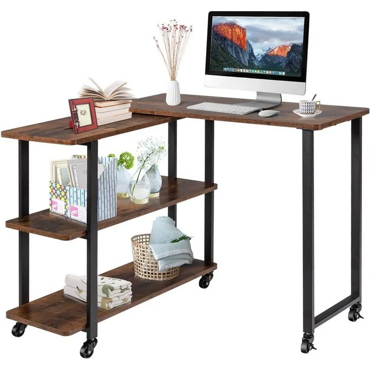 COSTWAY Schreibtisch, L-förmig, Beistelltisch mit Rollen & Ablagen, drehbar – Bild 1