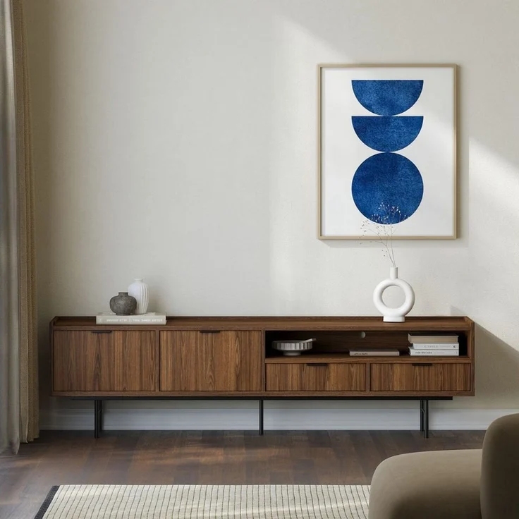 Compleo TV-Schrank 200 cm breit, Nussbaum oder Eiche Hikora, Lowboard mit 2 Schubladen Boho Design – Bild 1