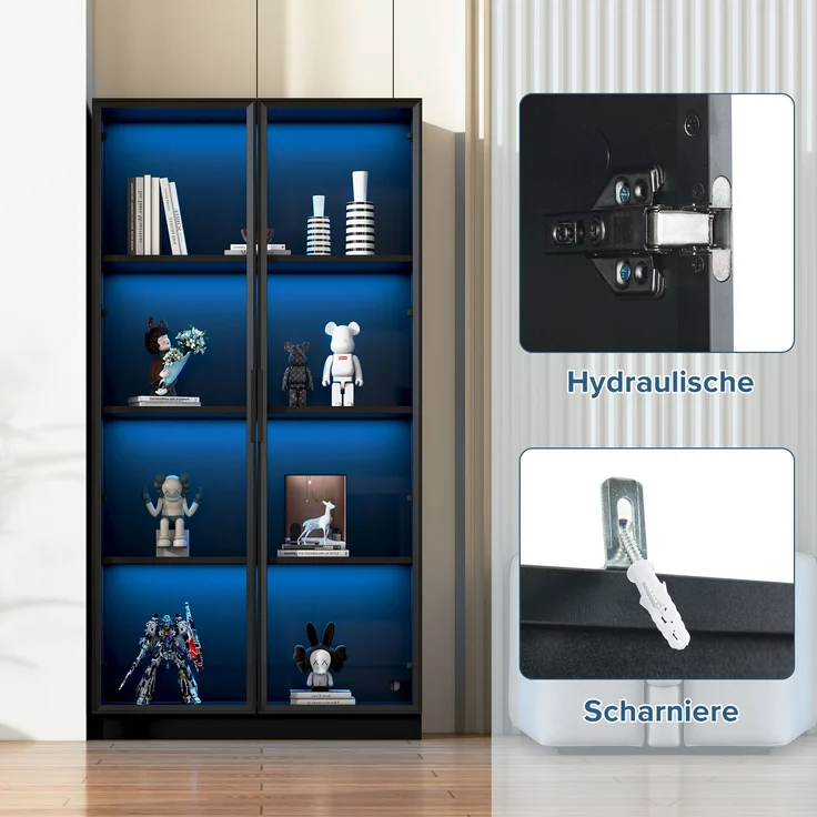 Glasvitrine mit APP LED-Beleuchtung, doppeltürige Vitrine mit beweglichen Einlegeböden, 80*40*160cm,Hochschrank für Wohnzimmer, Standvitrine,Badezimmerschrank – Bild 7
