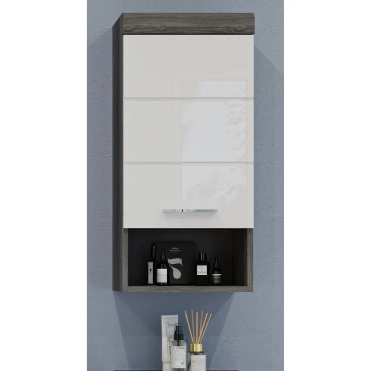 Badezimmer Hängeschrank Shawn in weiß Hochglanz und Rauchsilber grau 37 x 79 cm – Bild 2