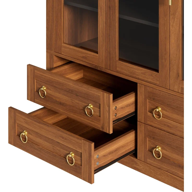 Flieks Vitrinenschrank, Hochschrank mit 3 Glastüren, 4 Schubladen & offener Bogennische, 110 x 40 x 185 cm, Walnussholzfarbe – Bild 9