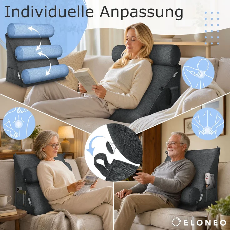 aktivshop Rückenkissen mit Nackenrolle für Bett & Sofa, 55x50x30cm, waschbarer Bezug – Bild 4