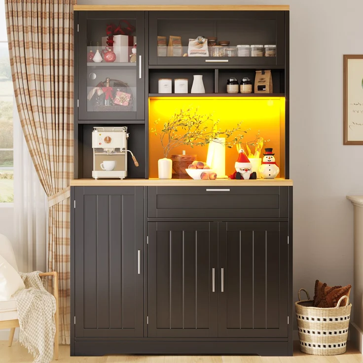 Küchenschrank, Hochschrank / Vitrine mit LED-Beleuchtung, 104x40x180 cm, weiß/schwarz, für Küche & Wohnzimmer--Schwarz--104x40x180cm--YOUDENOVA – Bild 2