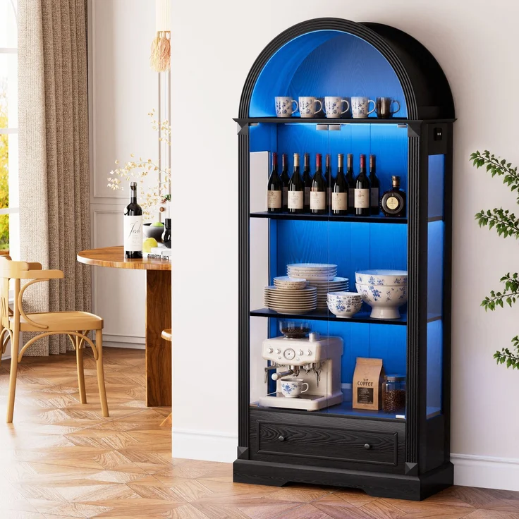 Vitrine 80 x 35 x 180 cm aus MDF und Glas, schwarz, mit LED-Beleuchtung – Bild 2