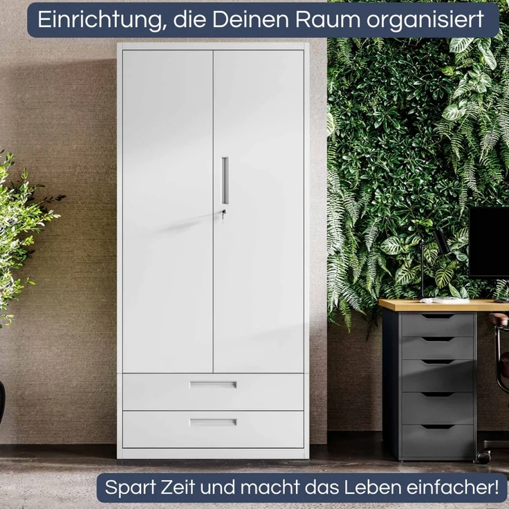 Metallschrank mit Doppel-Schublade RUEL - 195x90x40cm Weiß | Büroschrank Aktenschrank Stahlschrank Fachbodenschrank Werkstattschrank – Bild 3