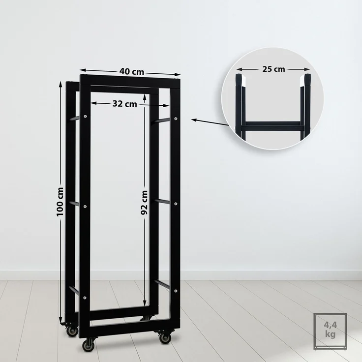 DELUKE® Kaminholzregal innen Metall SATLO - mit Rollen Brennholzregal innen Kaminholzständer Kaminholzhalter Feuerholzregal Innen Schwarz, 25x40x100cm – Bild 3