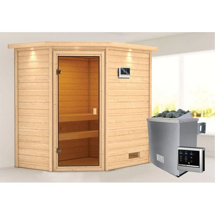 Karibu Jella Ecksauna mit Dachkranz + 9kW Saunaofen mit ext. Steuerung Easy