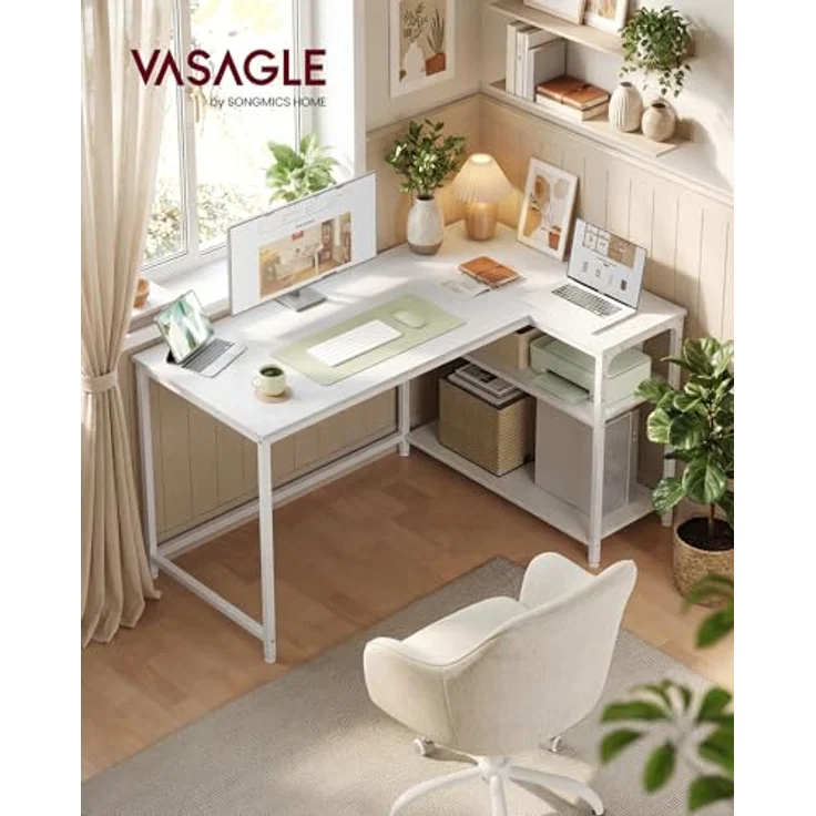 VASAGLE Eckschreibtisch in L-Form, Computertisch mit Stauraum, Bürotisch, höhenverstellbare Ablage, für Homeoffice, 120x80 cm, ahornweiß LWD136WF01 – Bild 3