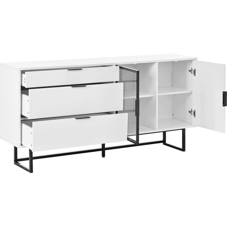 DESVIAE Sideboard mit LED-Beleuchtung und 3 Schubladen 160x78x36 cm MDF Spanplatte Weiß – Bild 8