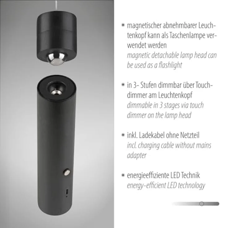 Just Light ATTACH, Pendelleuchte, LED Akku-Pendelleuchte in Weiß, mit USB Ladefunktion, 300 lm, Touchdimmer, 3 Helligkeitsstufen – Bild 3