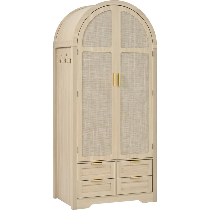 Kleiderschrank 80 x 50 x 180 cm in Eichenholzfarbe mit Rattantüren und Schubladen – Bild 8