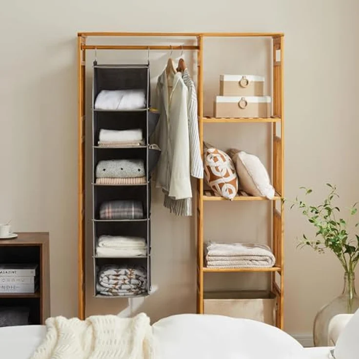 YOUDENOVA Hängeregal Schrankorganizer Stabiler 6 Fächern Kleiderschrank Organizer Ordnungssystem Hängeaufbewahrung mit MDF-Platten und Bambus-Stock verstärkt Grau – Bild 2