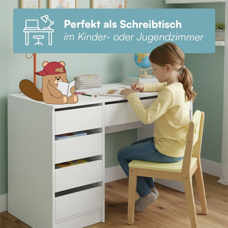 Bellabino 'Nore' Kinderschreibtisch mit 5 Schubladen, beidseitig montierbar, weiß, 75x53x110 cm, Jugendschreibtisch mit Stauraum – Bild 6