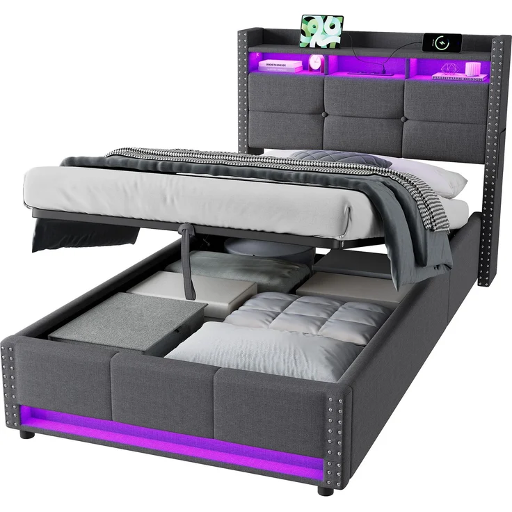 Einzelbett 90x200 cm mit LED-Beleuchtung, Ladefunktion und hydraulischem Stauraum – ohne Matratze – Bild 7
