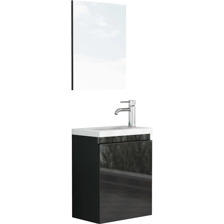 Badezimmerschrank mit Keramikwaschbecken und Spiegel, wandmontiert, 39,8x24,8x48 cm, Schwarz – Bild 7