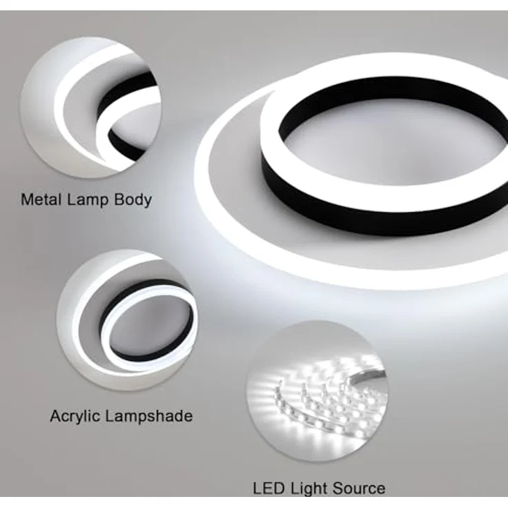 Goeco LED Deckenleuchte Runde, 28W Ø 30 cm Modern Deckenlampe Innen 6500K Kaltweißes Licht, LED Lampen Deckenbeleuchtung aus Acryl für Schlafzimmer, Wohnzimmer, Flur, Schwarz + Weiß – Bild 5