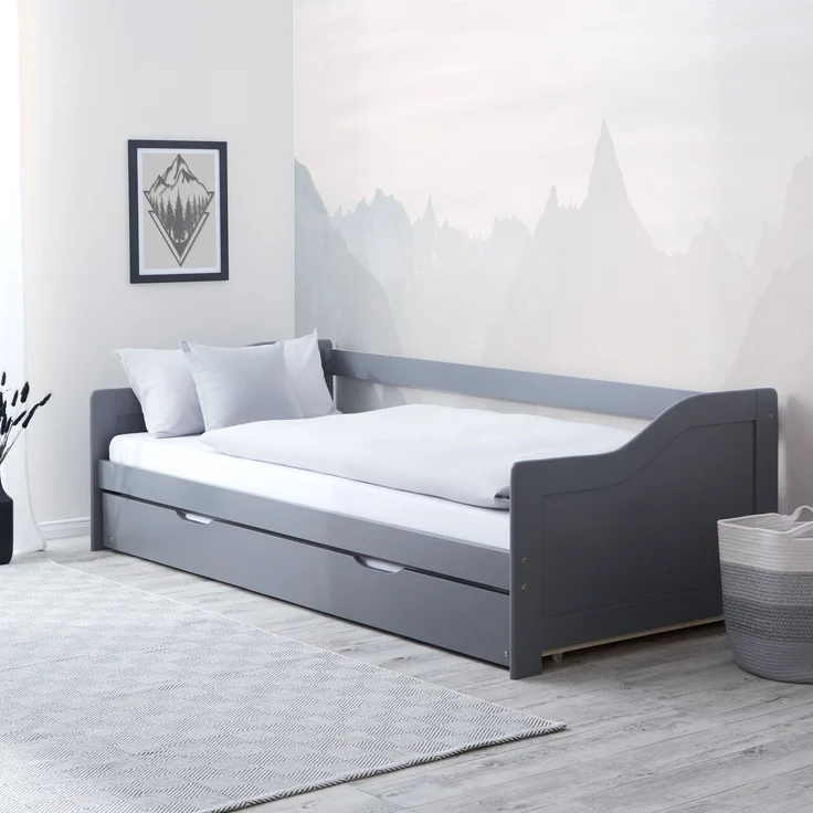 Gästebett Holzbett 90x200 cm mit 2 Matratzen Grau Tagesbett ausziehbar Jugendbett Ausziehbett Funktionsbett – Bild 2