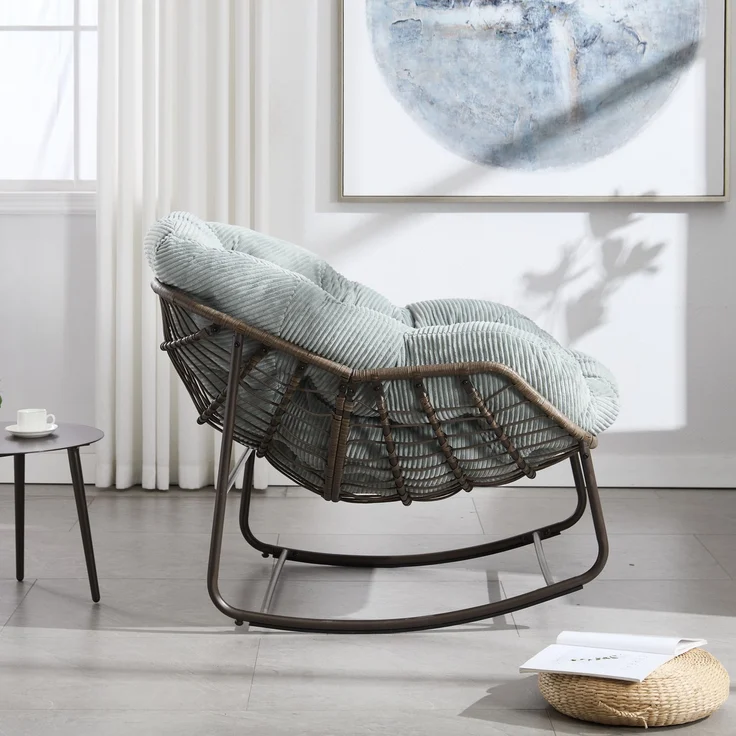 LVHOM Schaukelstuhl mit gepolstertem Kissen, Rattanstuhl mit Stahlrahmen, Lounge Sessel, Schaukelsessel, 1 St, für Balkon/Garten/Wohnzimmer/Schlafzimmer – Bild 6