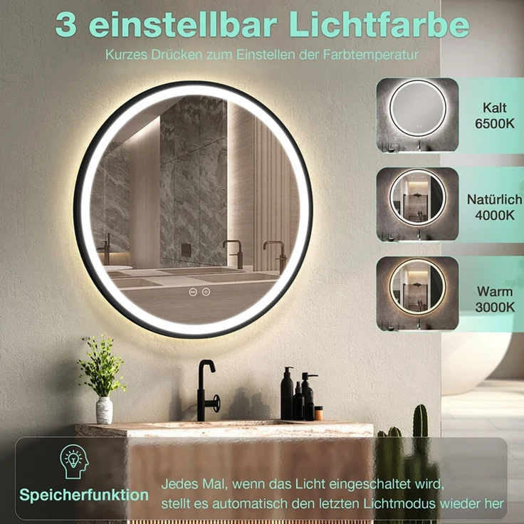 GIMBELEN LED Badezimmerspiegel 60 cm, runder Wandspiegel mit Beleuchtung, 3 Lichtfarben, dimmbar, Memory-Funktion, HD-Sicherheitsglas, IP44, Schwarz – Bild 2
