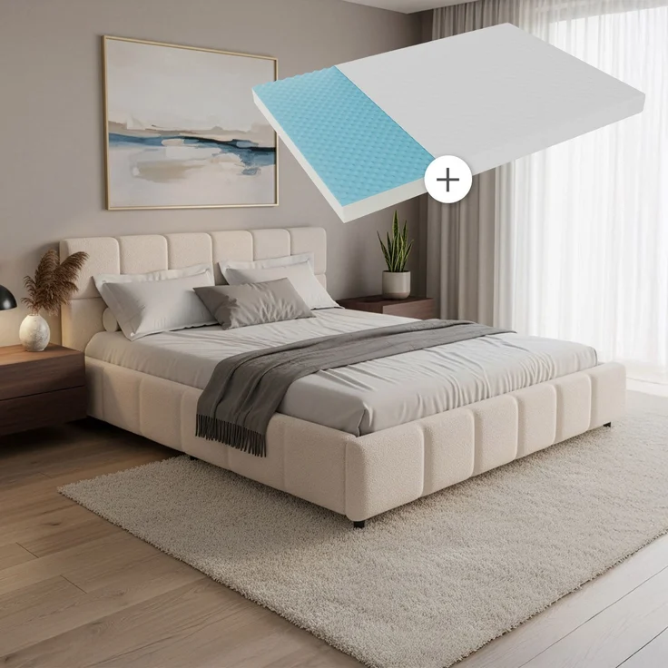 Juskys Polsterbett Florenz 180 x 200 cm mit Matratze – Bouclé, modernes Bett mit Kopf- & Fußteil, stabilem Holz- & Metallrahmen, Lattenrost, 500 kg Tragkraft – Creme – Bild 1