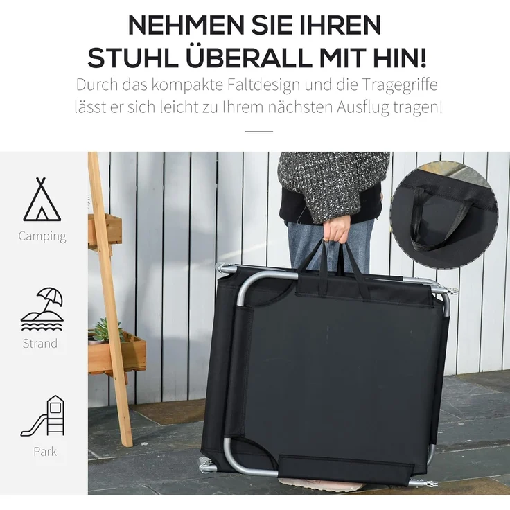 Outsunny Gartenliege Sonnenliege klappbarer Liegestuhl mit verstellbarer Rückenlehne, Campingliege, 1 St, Balkonliege, für Balkon, Terrasse, Oxford, Schwarz – Bild 5