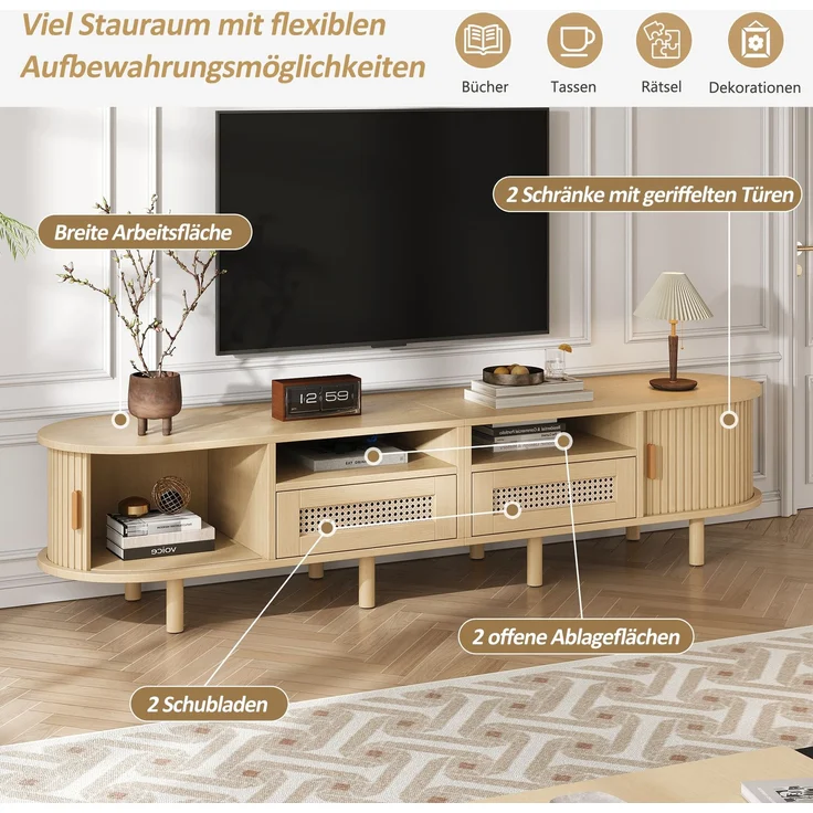 TV-Schrank 170 cm Ovale TV-Bank mit Rattanoptik Schubladen Schiebetüren Lowboard Holzlook Wohnzimmer Kompakter Retro-Stil 8 Beine – Bild 8