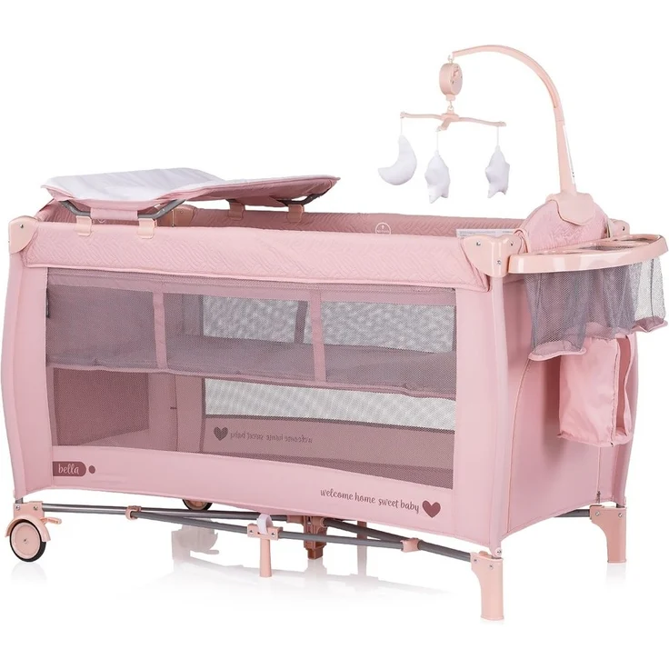 Chipolino Reisebett Bella 2 Ebenen seitlicher Eingang Musikmobile Wickelauflage pink – Bild 1