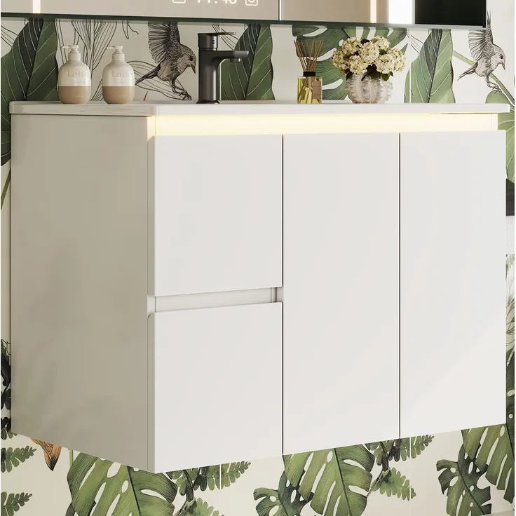 Wandwaschtisch mit Keramikbecken, LED-Radarsensor & Soft-Close, 76x47x57 cm, Weiß