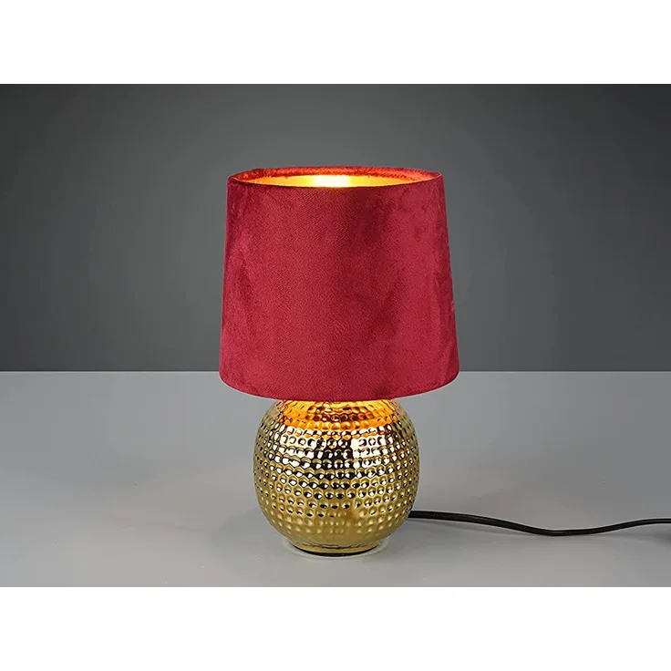 LED Tischleuchte mit Keramikfuß & Samtschirm Rot - Gold, Höhe 26cm