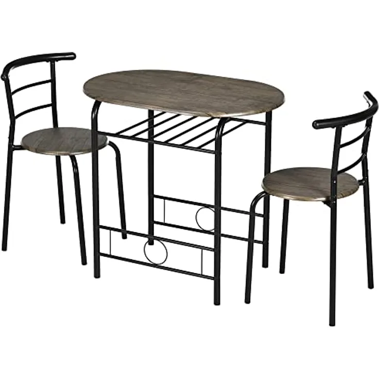 HOMCOM Essgruppe, 3-teiliges Set mit ovalem Tisch und 2 Stühlen, Schwarz, platzsparend mit Ablagefach, für Esszimmer und Küche