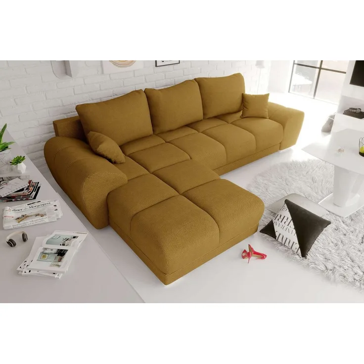 99rooms Antalya Ecksofa Cordstoff POSO Gold Links mit Schlaffunktion