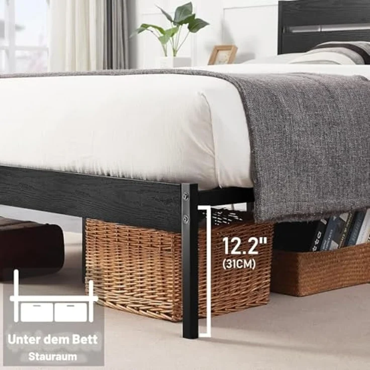 VECELO Bettgestell 90x200 cm, Metallbett mit Dick Holzkopfteil und Lattenrost, Doppelbett mit Stauraum unter dem Bett, perfekt für Schlafzimmer, Schwarz – Bild 4