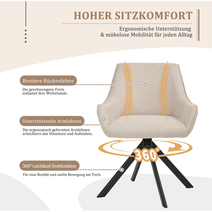 GOEURVANT 2178 Esszimmerstühle 4er-Set mit Armlehnen, 360° Drehbar, Wippfunktion, Webstoff - Beige – Bild 7