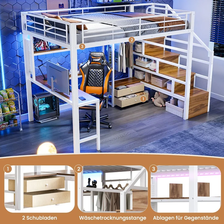Merax Hochbett, Kinderbett 140 x 200 cm, Jugendbett mit 2 Schubladen, mit LED-Lichtleiste, Schreibtisch, Ohne Matratze, Weiß – Bild 6