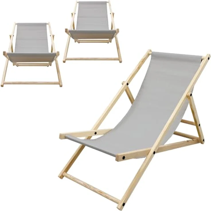 ECD Germany 3x Klappbarer Liegestuhl aus Holz, Hellgrau, bis 120 kg, mit 3 Liegehöhen und wetterfestem Oxford-Gewebe – Bild 1