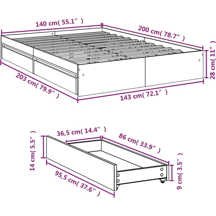 vidaXL Bettgestell mit Schubladen Sonoma-Eiche 140x200cm Holzwerkstoff 3280659 – Bild 11
