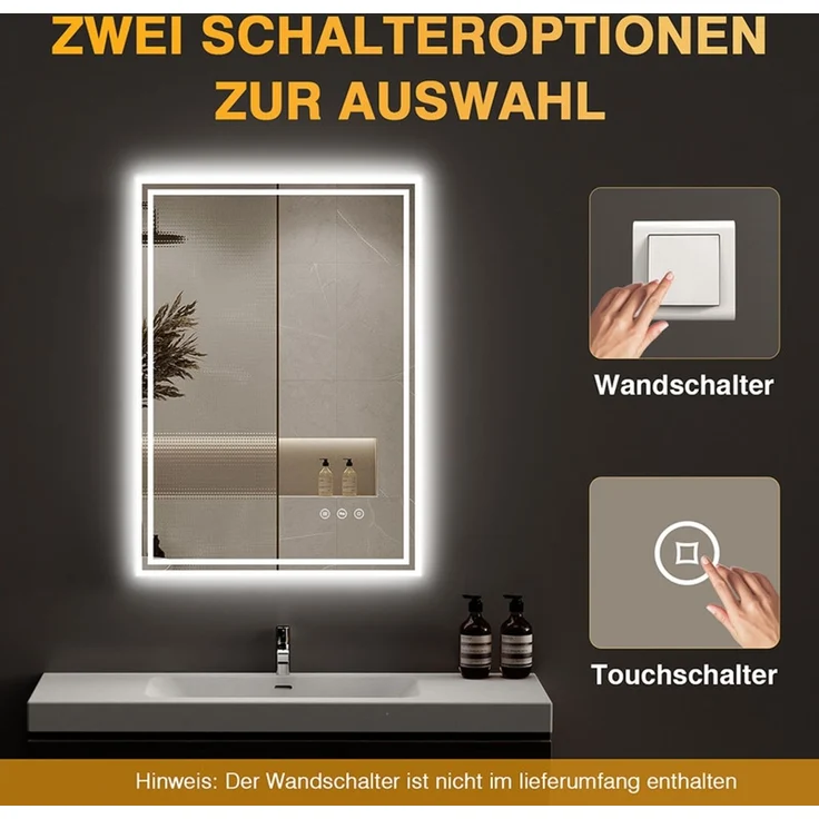 PESENXAN LED Badezimmerspiegel 80x60 cm, rechteckiger Wandspiegel mit Beleuchtung, 3 Lichtfarben, dimmbar, Anti-Beschlag, Touch-Schalter, Memory-Funktion, explosionssicheres Glas, IP44, Weiß – Bild 4