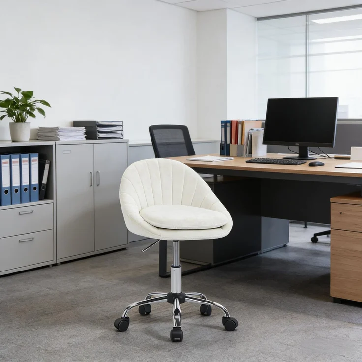 Bürostuhl 52 x 72–82 x 52 cm aus Samt und Metall, höhenverstellbar, drehbar, beige, 1 St. – Bild 2