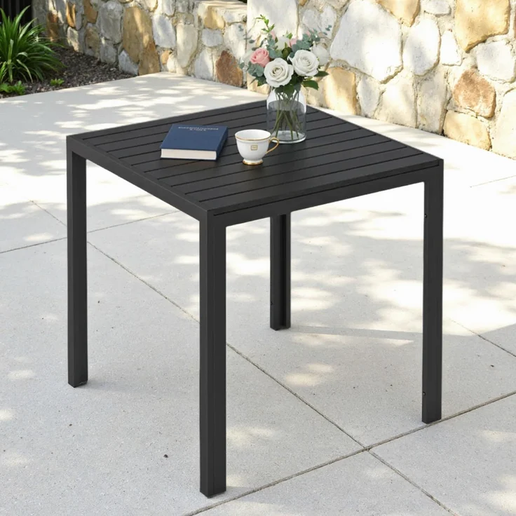Clevich Gartentisch Wetterfeste, 75x75 cm, Outdoor-Esstisch, WPC Balkontisch, Aluminiumrahmen, Wetterfeste Gartenmöbel, Quadratischer Terrassentisch, Schwarz – Bild 1