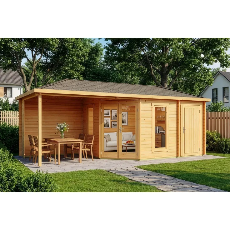 Alpholz 5-Eck Gartenhaus Liwa mit Anbau Gartenhaus aus Holz in Pinie Holzhaus mit 28 mm Wandstärke inklusive Terrasse Blockbohlenhaus mit Montagematerial