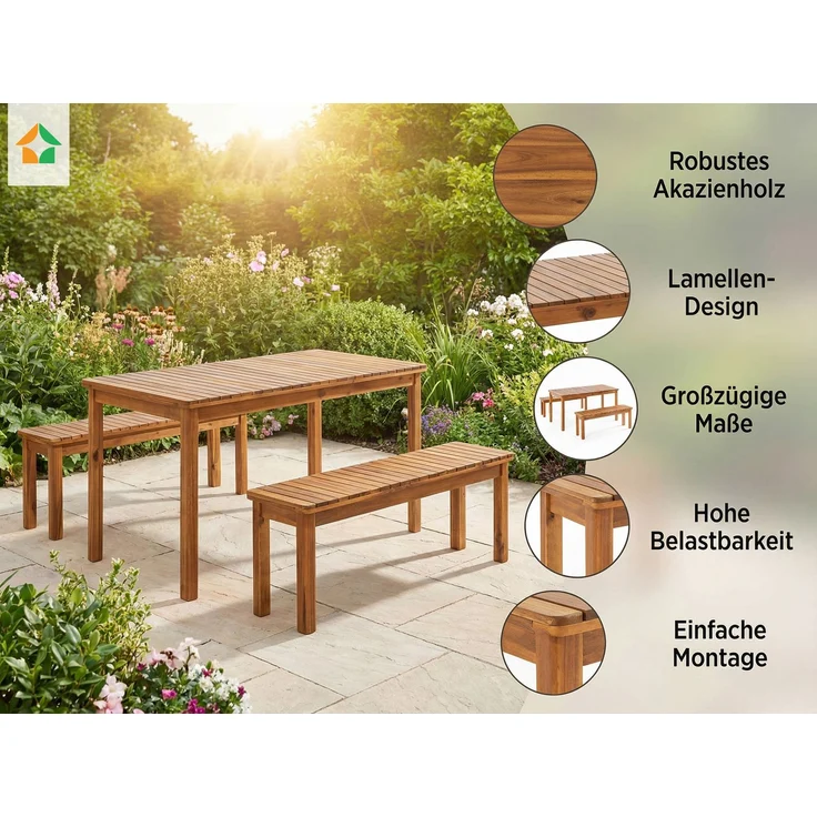 3tlg. Gartensitzgruppe Brian aus 100% Akazienholz, Hellbraun – Bild 1