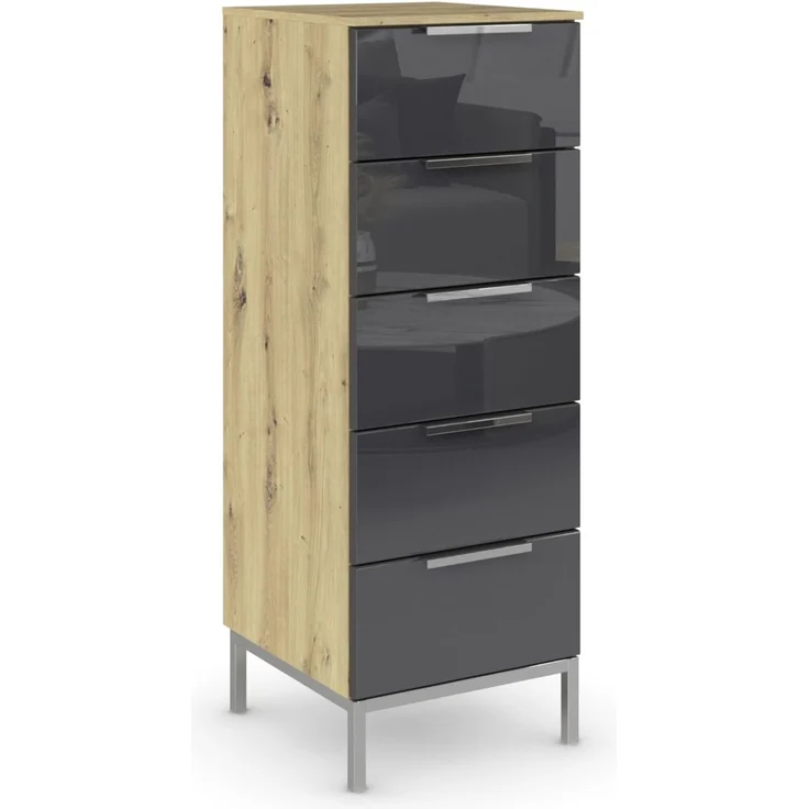 Rauch Möbel Flipp, Nachttisch für Schlafzimmer, Flur, Garderobe, 5 Schubladen, mit Softclose Funktion, Griffe und Metallkufe Chrom, Farbe Eiche Artisan, Holz/Glas Basalt, Schwarz, Breite 40 cm